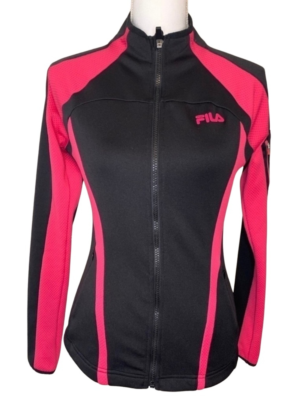 Vintage Fila Women Athletic‎ Zip Up Long Sleeve Track Jacket Size XS Black/Pink